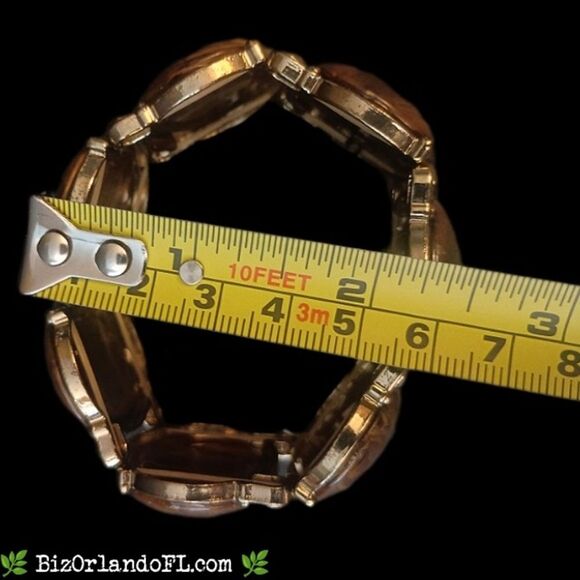 VINTAGE: Gold Tone Link Stretch Bracelet w/ Brown Swirl Acrylic Cabochons *RARE* - Picture 7 of 7